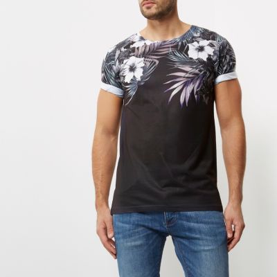 Black floral shoulder print T-shirt